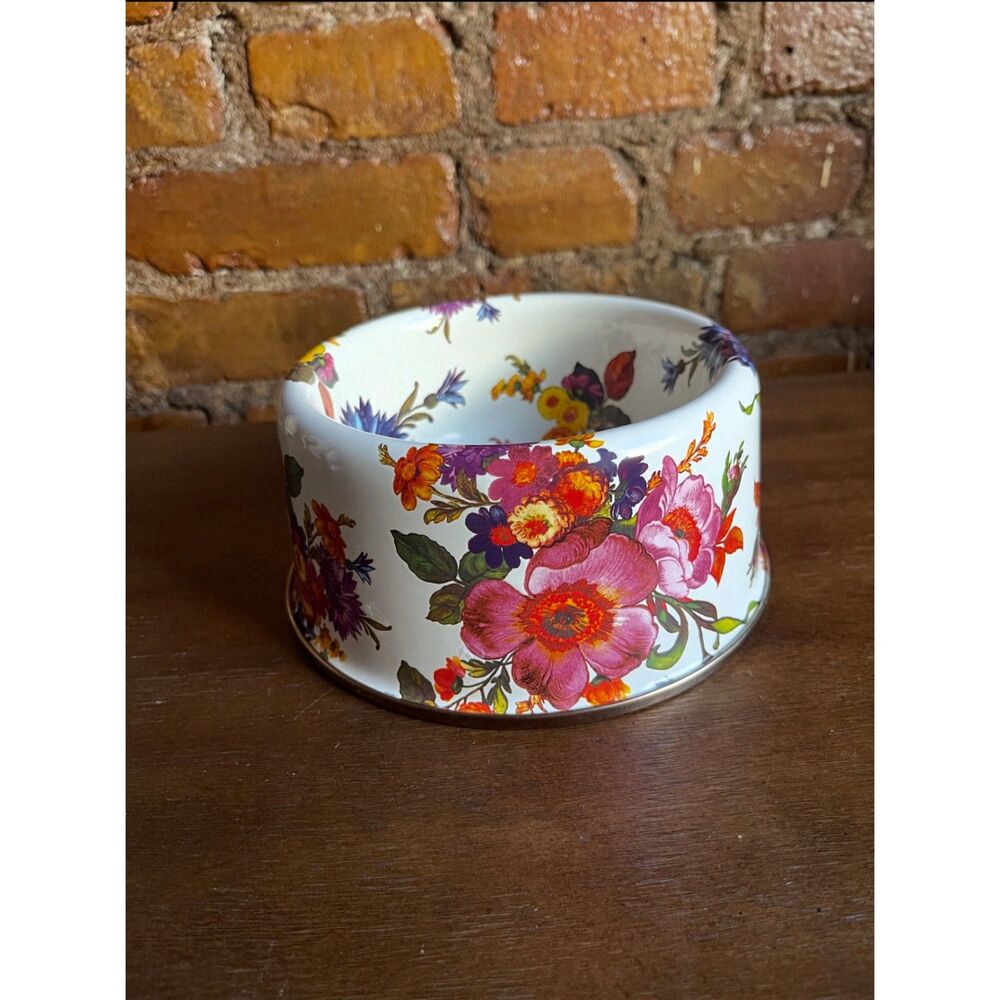 MacKenzie-Childs Flower Market White Enamel Dog Cat Pet Bowl 6.5” x 3”